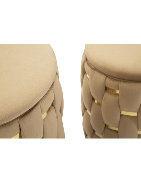 Pouf coffre rangement original chic Rond Tissu Beige Tressé MDF Métal Doré Shanty (Lot de 2) 
