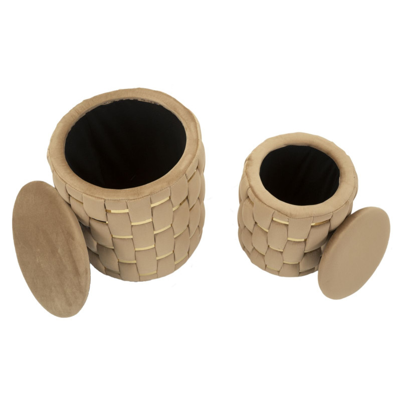 Pouf coffre rangement original chic Rond Tissu Beige Tressé MDF Métal Doré Shanty (Lot de 2) 