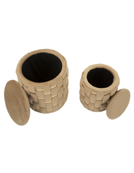 Pouf coffre rangement original chic Rond Tissu Beige Tressé MDF Métal Doré Shanty (Lot de 2) 