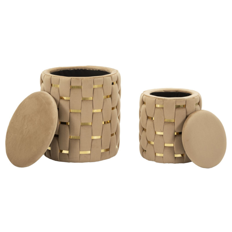 Pouf coffre rangement original chic Rond Tissu Beige Tressé MDF Métal Doré Shanty (Lot de 2) 