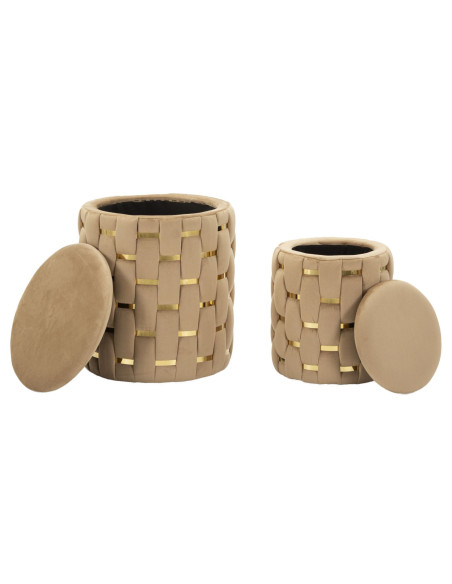 Pouf coffre rangement original chic Rond Tissu Beige Tressé MDF Métal Doré Shanty (Lot de 2) 