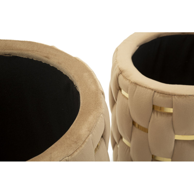 Pouf coffre rangement original chic Rond Tissu Beige Tressé MDF Métal Doré Shanty (Lot de 2) 
