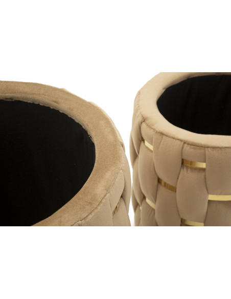Pouf coffre rangement original chic Rond Tissu Beige Tressé MDF Métal Doré Shanty (Lot de 2) 