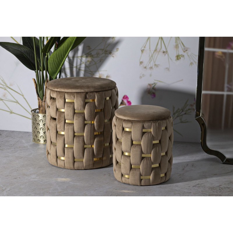 Pouf coffre rangement original chic Rond Tissu Beige Tressé MDF Métal Doré Shanty (Lot de 2) 