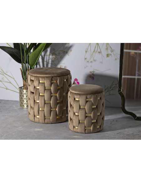 Pouf coffre rangement original chic Rond Tissu Beige Tressé MDF Métal Doré Shanty (Lot de 2) 