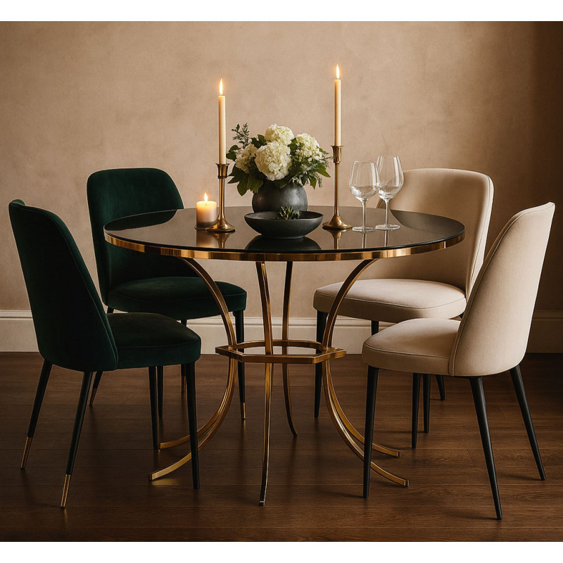 Table à manger moderne chic Ronde 4 personnes Verre Noir Métal Doré Shanty 