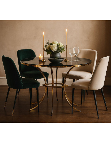 Table à manger moderne chic Ronde 4 personnes Verre Noir Métal Doré Shanty 