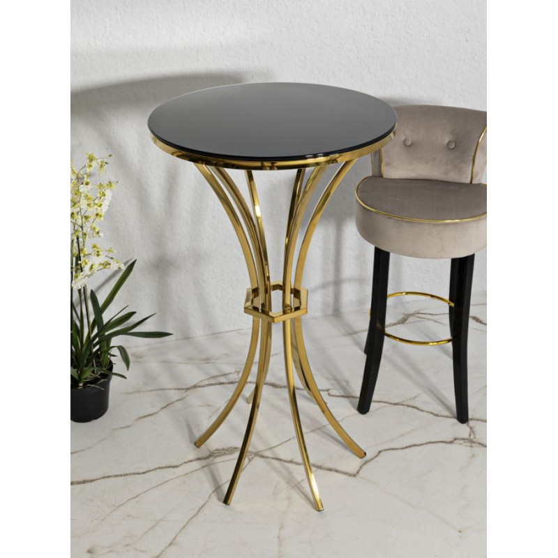 Table de bar haute moderne chic Ronde 2 personnes Verre Noir Métal Doré Shanty 