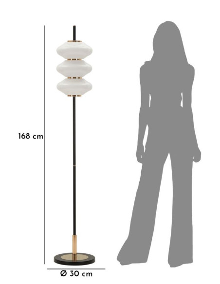 Grand Lampadaire sur pied rétro chic Hauteur 168 cm Verre Blanc Métal Doré Noir Vintage 