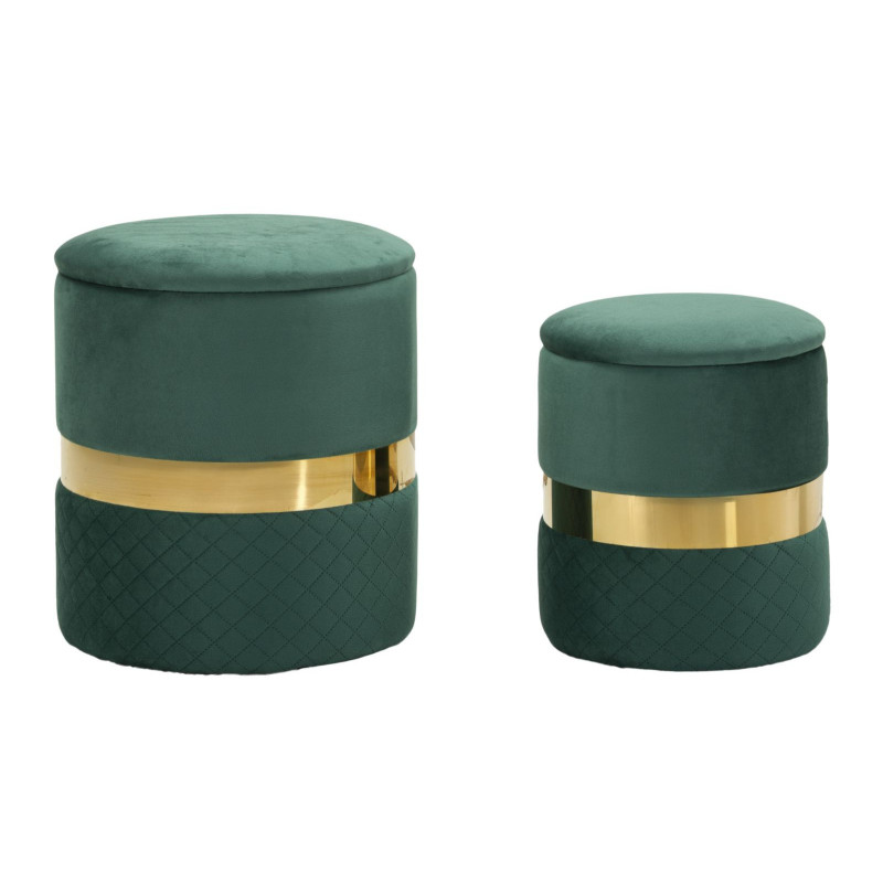 Pouf coffre rangement moderne chic Rond Velours Vert MDF Métal Doré Sheffild (Lot de 2) 