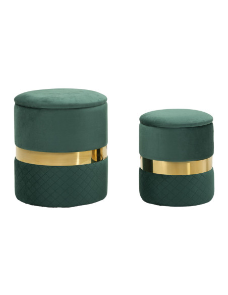 Pouf coffre rangement moderne chic Rond Velours Vert MDF Métal Doré Sheffild (Lot de 2) 
