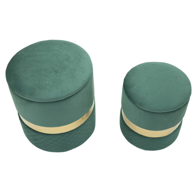 Pouf coffre rangement moderne chic Rond Velours Vert MDF Métal Doré Sheffild (Lot de 2) 