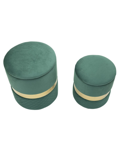 Pouf coffre rangement moderne chic Rond Velours Vert MDF Métal Doré Sheffild (Lot de 2) 