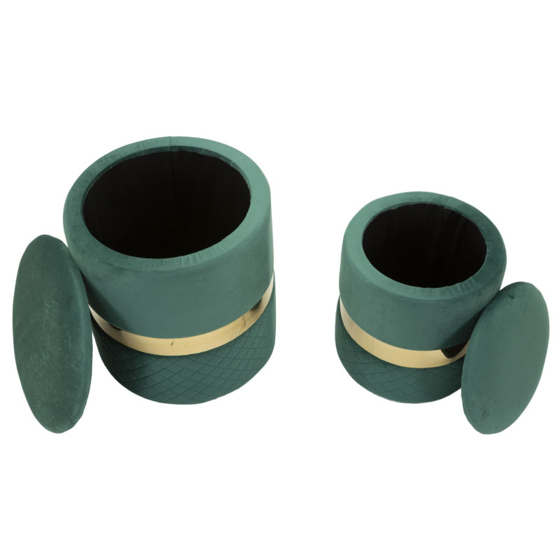 Pouf coffre rangement moderne chic Rond Velours Vert MDF Métal Doré Sheffild (Lot de 2) 