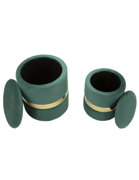 Pouf coffre rangement moderne chic Rond Velours Vert MDF Métal Doré Sheffild (Lot de 2) 