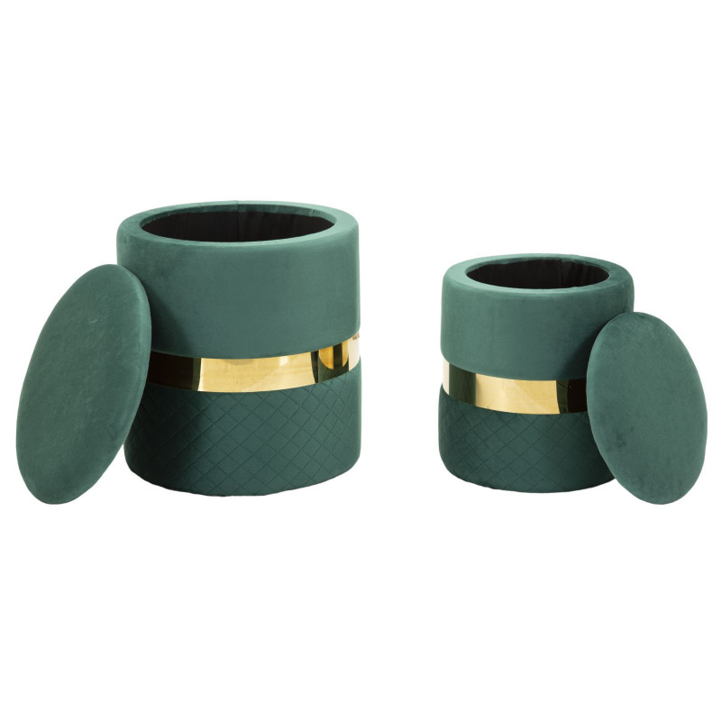 Pouf coffre rangement moderne chic Rond Velours Vert MDF Métal Doré Sheffild (Lot de 2) 