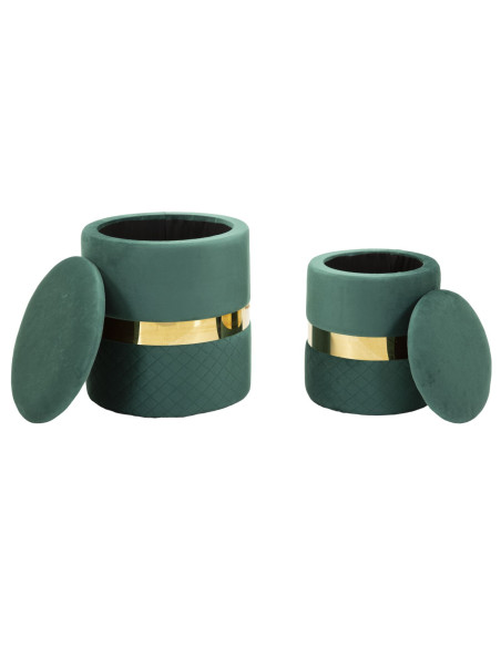 Pouf coffre rangement moderne chic Rond Velours Vert MDF Métal Doré Sheffild (Lot de 2) 