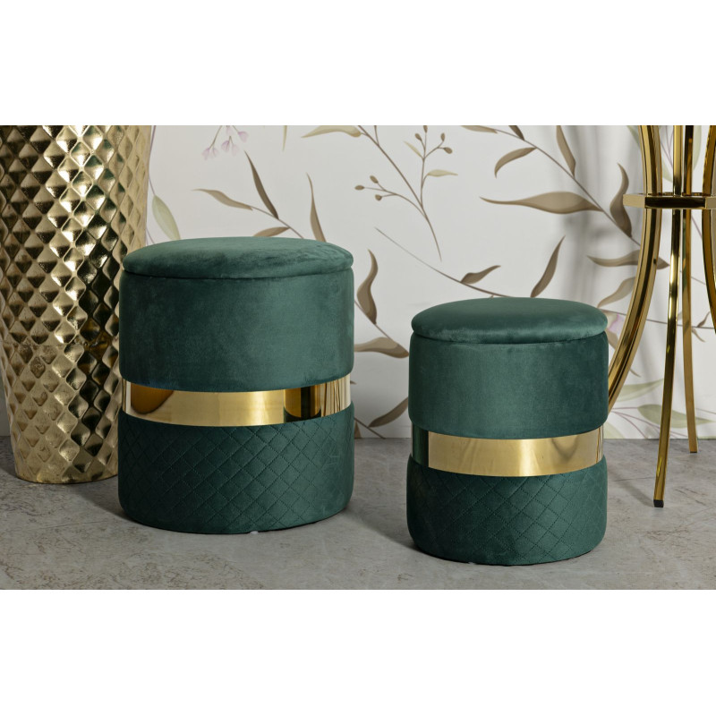 Pouf coffre rangement moderne chic Rond Velours Vert MDF Métal Doré Sheffild (Lot de 2) 