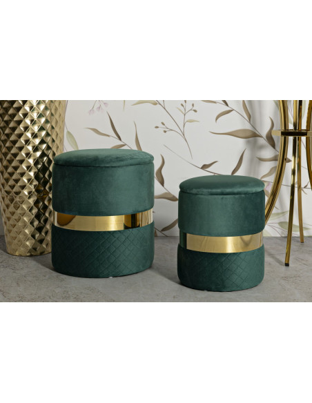 Pouf coffre rangement moderne chic Rond Velours Vert MDF Métal Doré Sheffild (Lot de 2) 