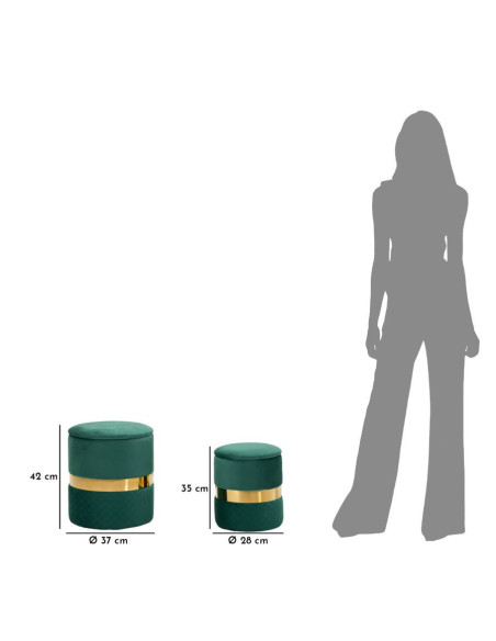 Pouf coffre rangement moderne chic Rond Velours Vert MDF Métal Doré Sheffild (Lot de 2) 