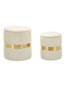 Pouf coffre rangement moderne chic Rond Velours Blanc crème MDF Métal Doré Sheffild (Lot de 2) 