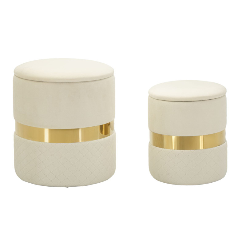 Pouf coffre rangement moderne chic Rond Velours Blanc crème MDF Métal Doré Sheffild (Lot de 2) 