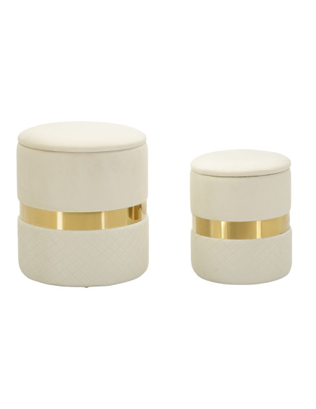 Pouf coffre rangement moderne chic Rond Velours Blanc crème MDF Métal Doré Sheffild (Lot de 2) 