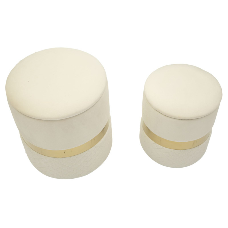 Pouf coffre rangement moderne chic Rond Velours Blanc crème MDF Métal Doré Sheffild (Lot de 2) 