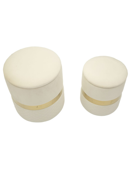 Pouf coffre rangement moderne chic Rond Velours Blanc crème MDF Métal Doré Sheffild (Lot de 2) 