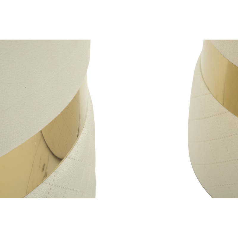 Pouf coffre rangement moderne chic Rond Velours Blanc crème MDF Métal Doré Sheffild (Lot de 2) 