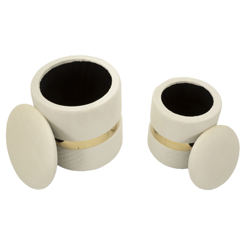 Pouf coffre rangement moderne chic Rond Velours Blanc crème MDF Métal Doré Sheffild (Lot de 2) 