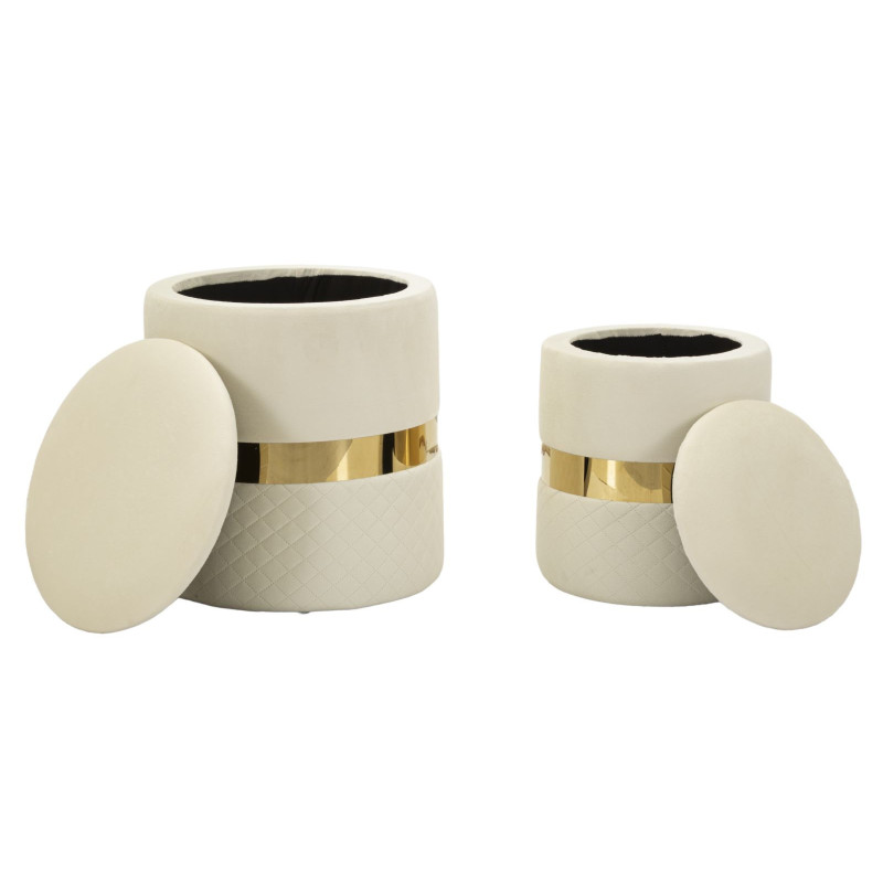Pouf coffre rangement moderne chic Rond Velours Blanc crème MDF Métal Doré Sheffild (Lot de 2) 