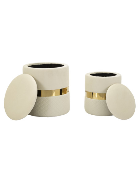 Pouf coffre rangement moderne chic Rond Velours Blanc crème MDF Métal Doré Sheffild (Lot de 2) 