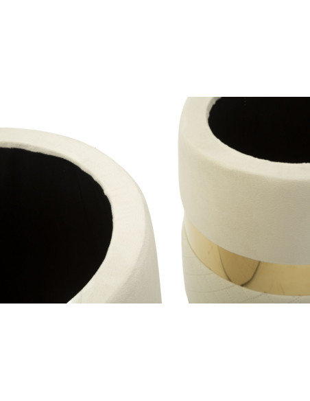 Pouf coffre rangement moderne chic Rond Velours Blanc crème MDF Métal Doré Sheffild (Lot de 2) 