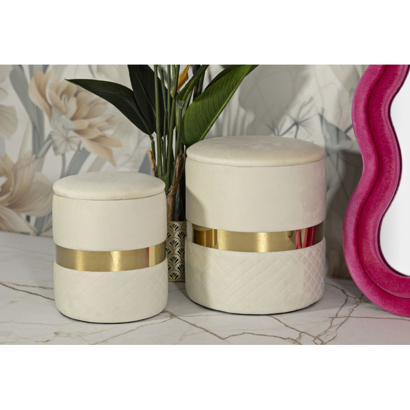 Pouf coffre rangement moderne chic Rond Velours Blanc crème MDF Métal Doré Sheffild (Lot de 2) 