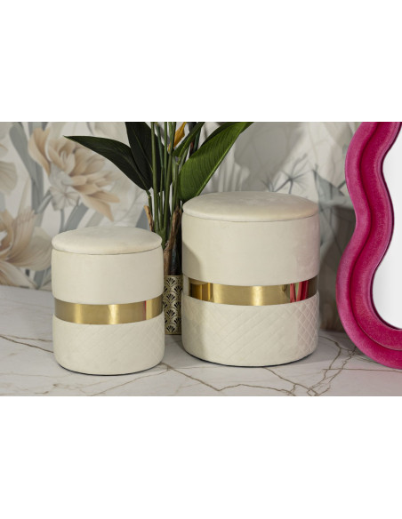 Pouf coffre rangement moderne chic Rond Velours Blanc crème MDF Métal Doré Sheffild (Lot de 2) 