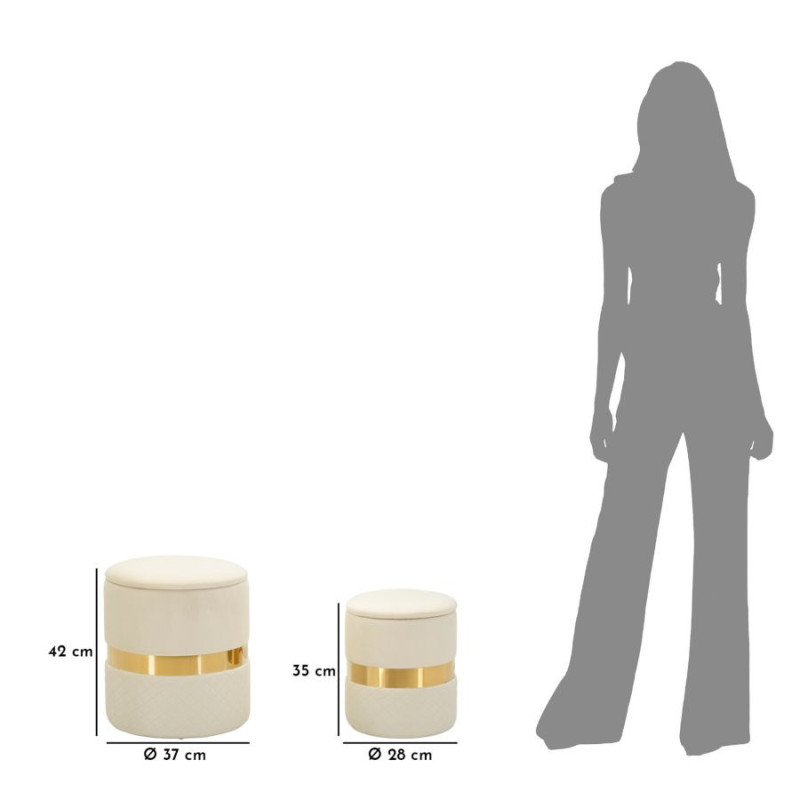 Pouf coffre rangement moderne chic Rond Velours Blanc crème MDF Métal Doré Sheffild (Lot de 2) 