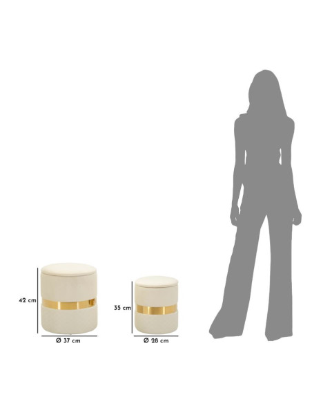 Pouf coffre rangement moderne chic Rond Velours Blanc crème MDF Métal Doré Sheffild (Lot de 2) 