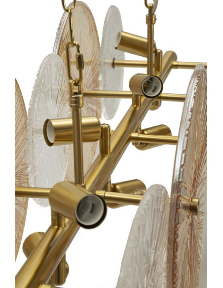 Grande Suspension japonais éventails 100 cm Verre Blanc Ambré Métal Doré Osaka 