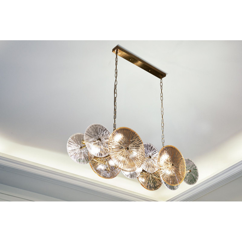 Grande Suspension japonais éventails 100 cm Verre Blanc Ambré Métal Doré Osaka 