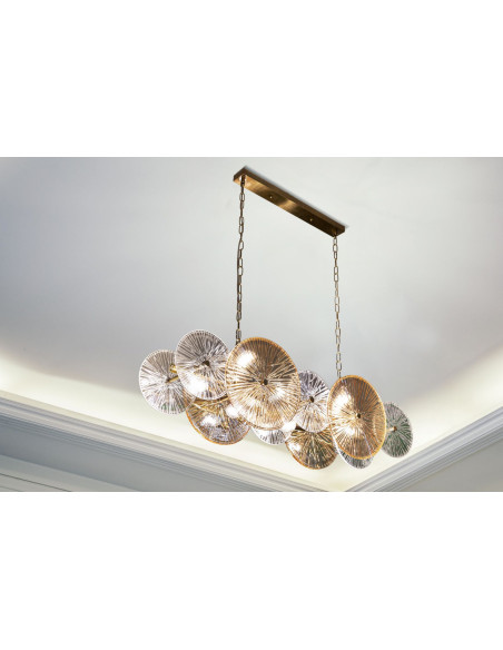 Grande Suspension japonais éventails 100 cm Verre Blanc Ambré Métal Doré Osaka 