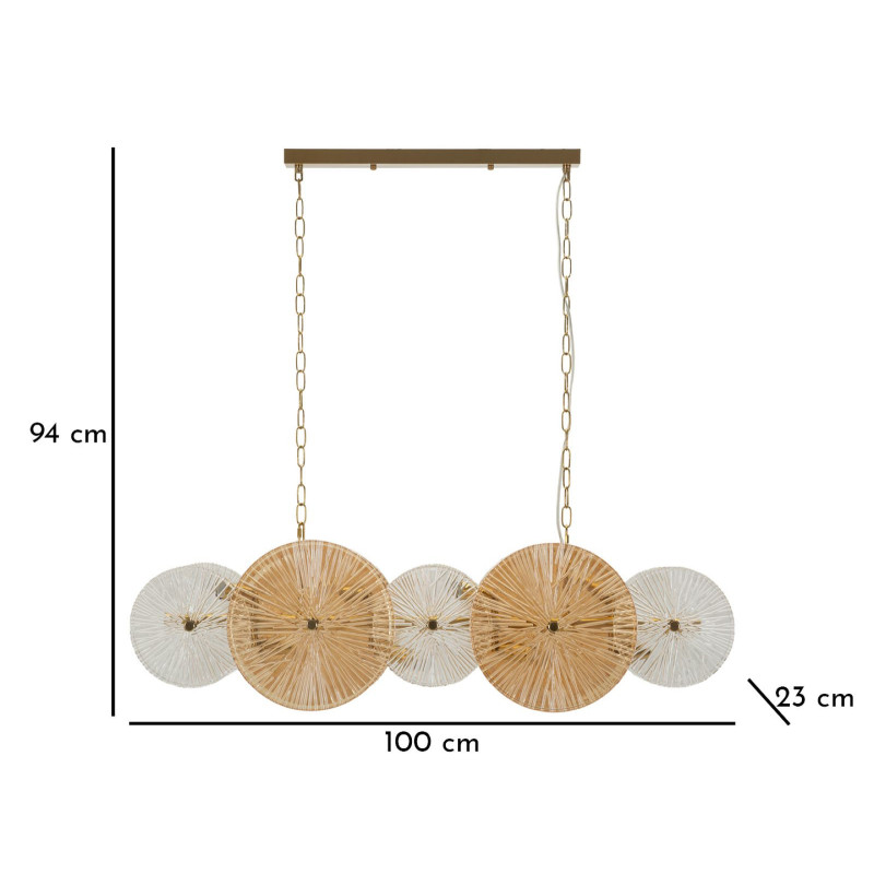 Grande Suspension japonais éventails 100 cm Verre Blanc Ambré Métal Doré Osaka 