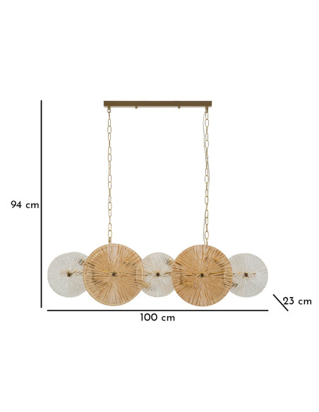 Grande Suspension japonais éventails 100 cm Verre Blanc Ambré Métal Doré Osaka 