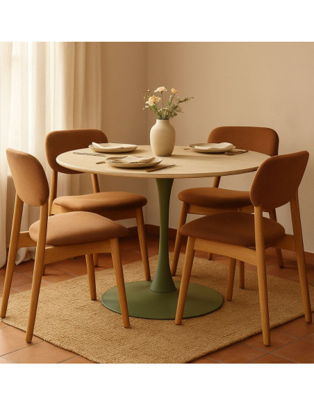 Table à manger moderne Ronde 4 personnes Bois MDF Naturel Métal Vert Stoccolma 