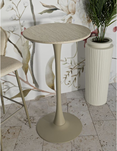 Table de bar haute moderne Ronde 2 personnes Bois MDF Naturel Métal Blanc crème Alaska 
