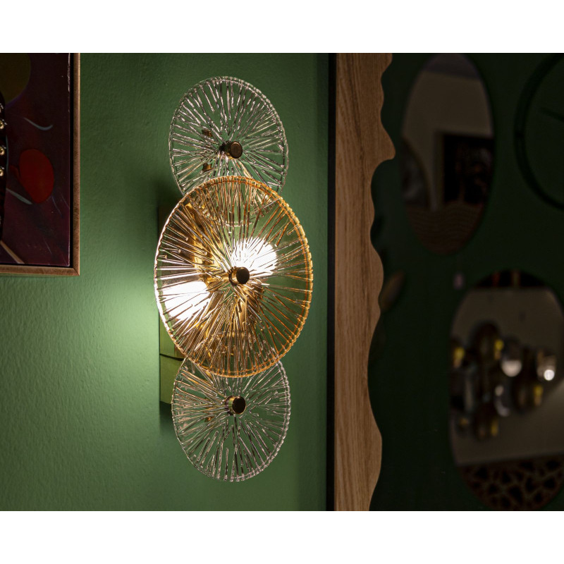 Applique murale japonaise éventails 42 cm Verre Blanc Ambré Métal Doré Osaka 