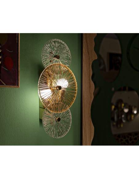 Applique murale japonaise éventails 42 cm Verre Blanc Ambré Métal Doré Osaka 