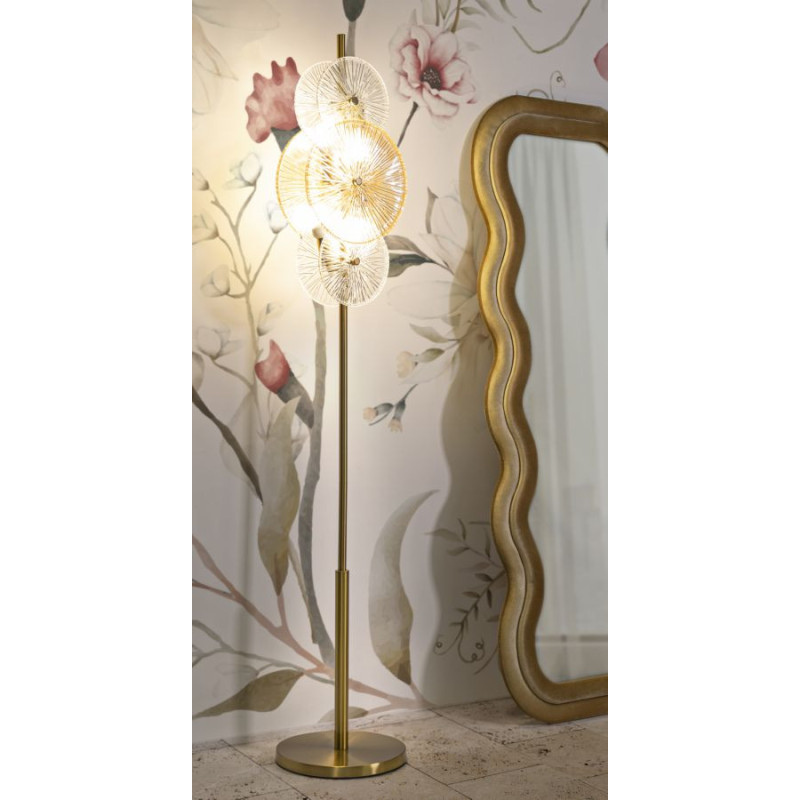 Grand Lampadaire japonais sur pied éventails Hauteur 164 cm Verre Blanc Ambré Métal Doré Osaka 