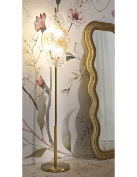 Grand Lampadaire japonais sur pied éventails Hauteur 164 cm Verre Blanc Ambré Métal Doré Osaka 