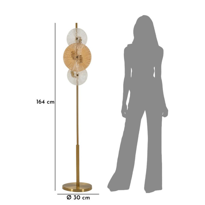 Grand Lampadaire japonais sur pied éventails Hauteur 164 cm Verre Blanc Ambré Métal Doré Osaka 